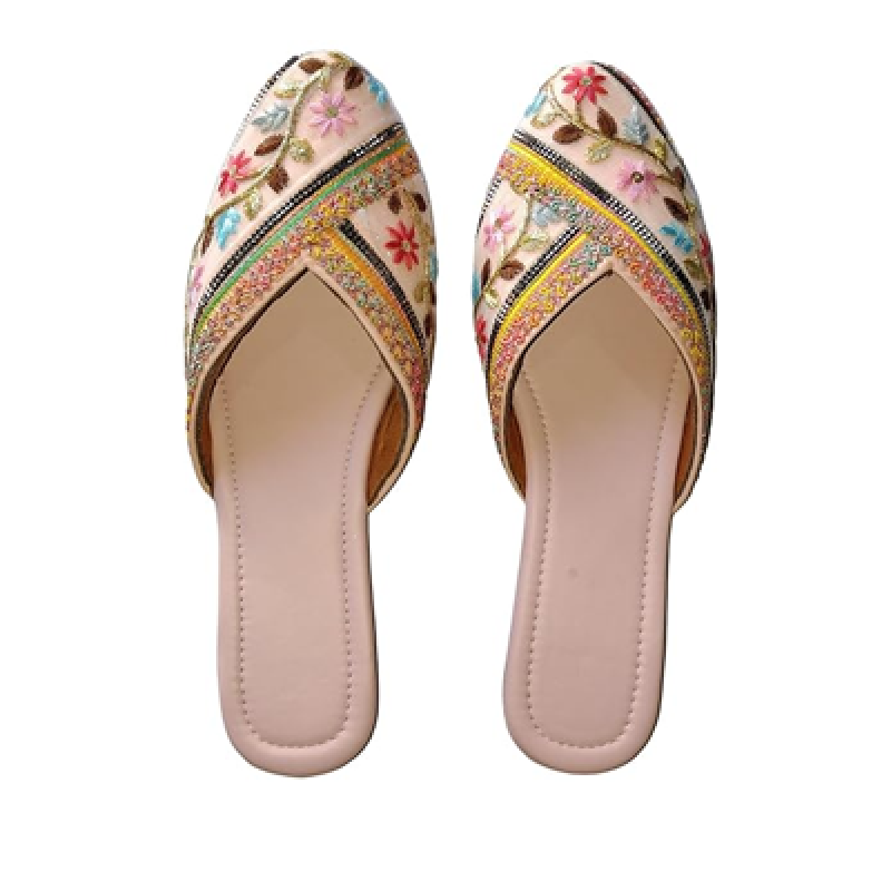 Embroidered Floral Juttis | Ethnic Jutti Flats | Handcrafted Flat Slip-On Mules with Beaded Embellishments