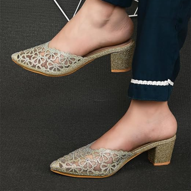 Women’s Floral Rhinestone Embellished Pointed Toe Mule Heels