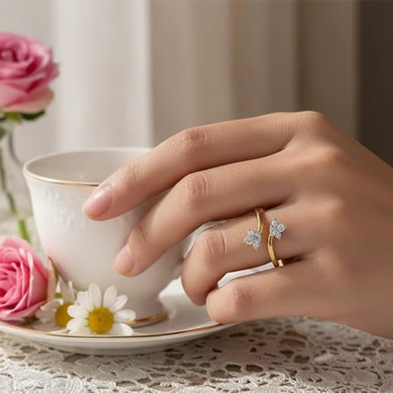 Cubic Zirconia Adjustable Golden Lotus Design Ring