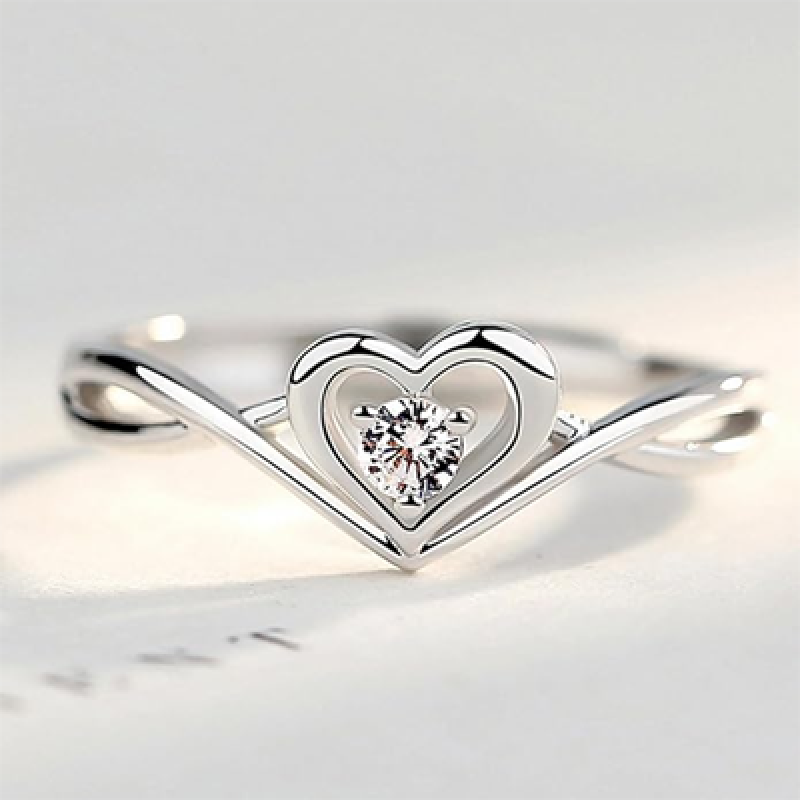 Women Fashion Jewellery Rhodium Plated Solitaire Style Adjustable Heart Finger Ring