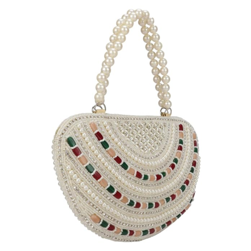 Women's Multicolour Stone in Vintage Style Pearl Tote Purse Wrist Bag