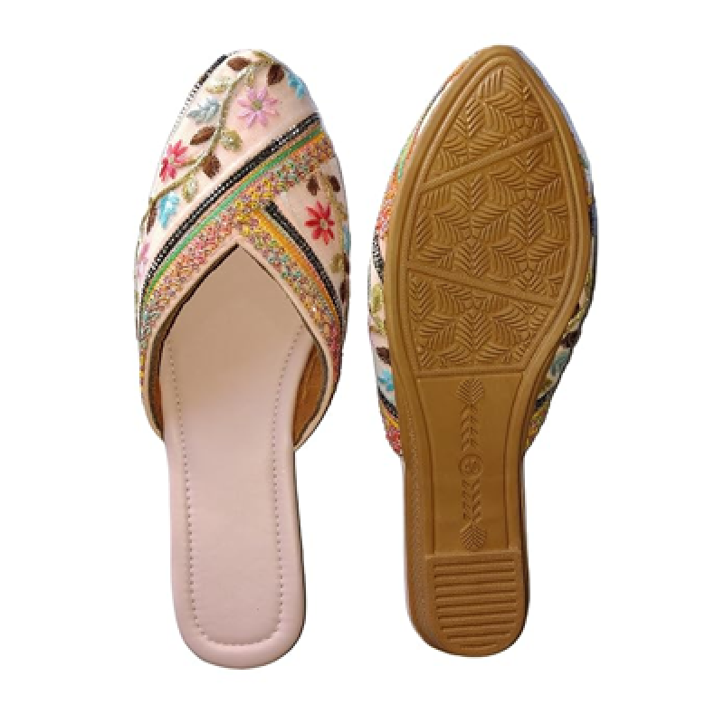Embroidered Floral Juttis | Ethnic Jutti Flats | Handcrafted Flat Slip-On Mules with Beaded Embellishments