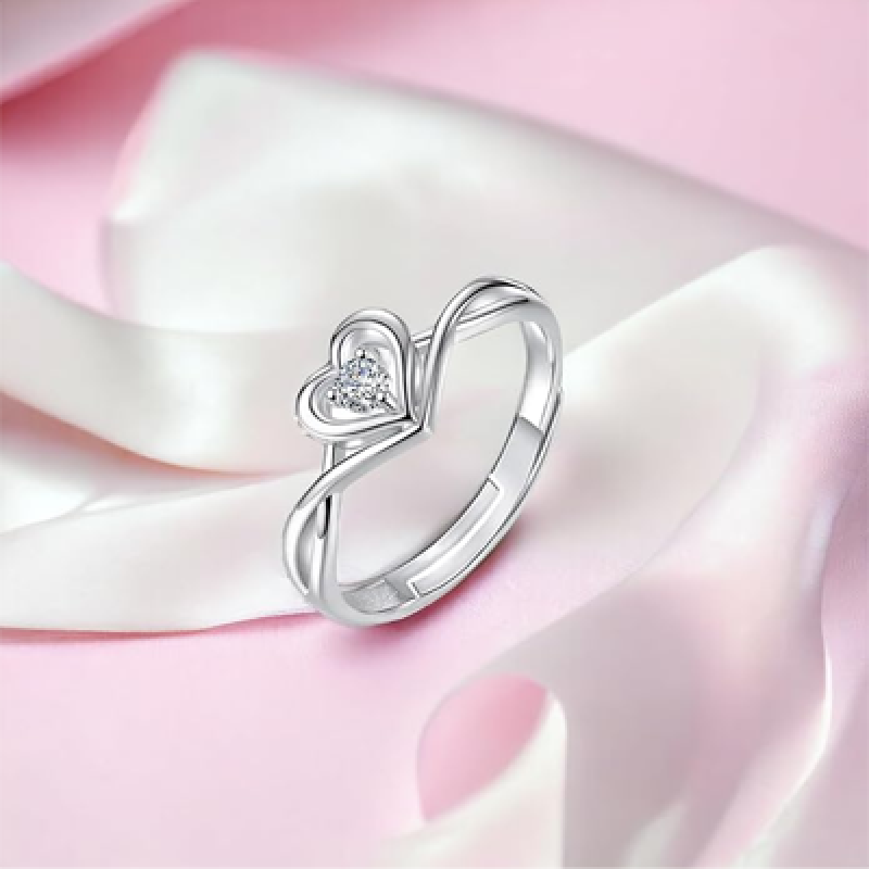 Women Fashion Jewellery Rhodium Plated Solitaire Style Adjustable Heart Finger Ring